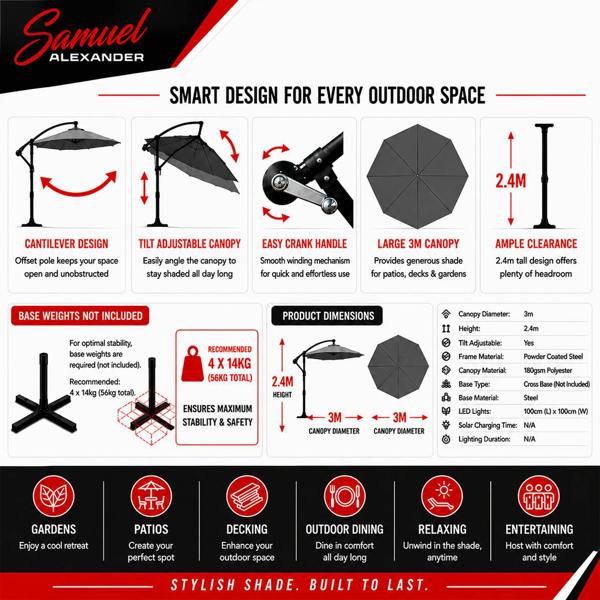 Samuel Alexander 3m Cantilever Parasol in Grey with Crank Handle - Patio Garden Banana Parasol with UV Protection Outdoor Umbrella Sun Shades - Garden
