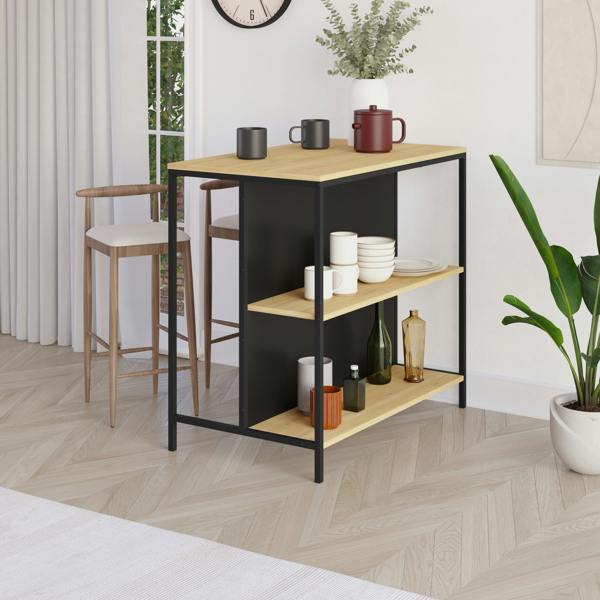 Decortie Modern Detroit Bar Table Oak, Silky Grey Black Dining Room Table w/Metal Legs, Open Shelf Kitchen Organiser 100(W)60(D)cm