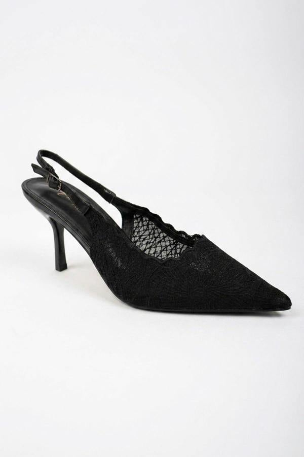 Saoirse Pointed Toe Lace Slingback Heels - Black