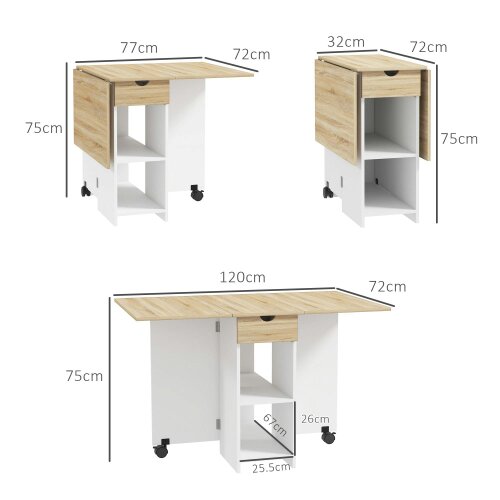 Wyld Haus Coyova Wooden Oak Folding Drop Leaf Dining Table With Drawer And Storage Shelves