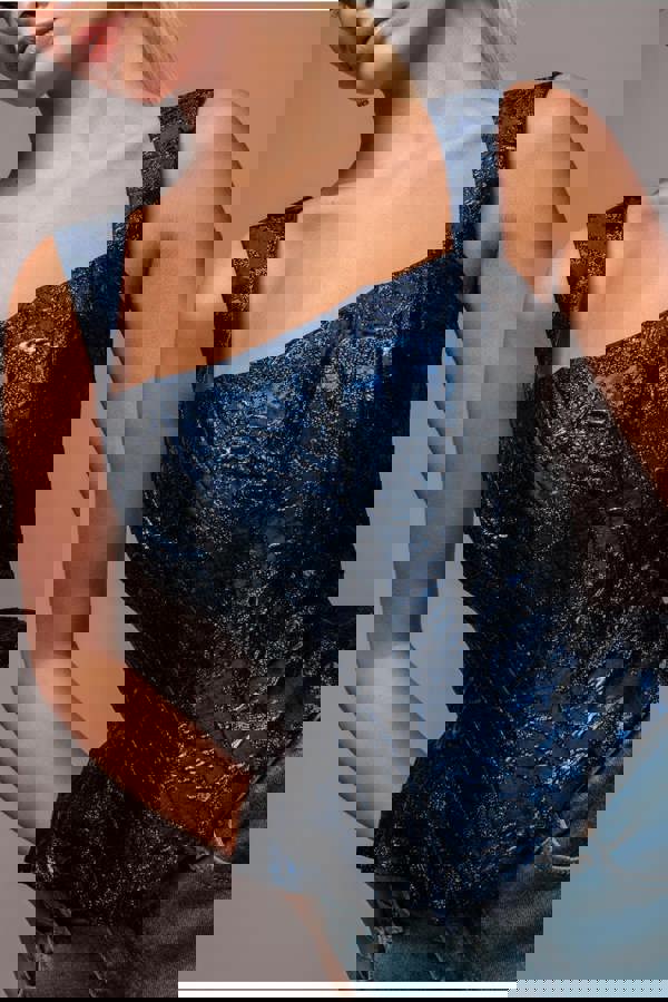 Sleeveless Jacquard Lace Up Back Corset - Navy Blue T265