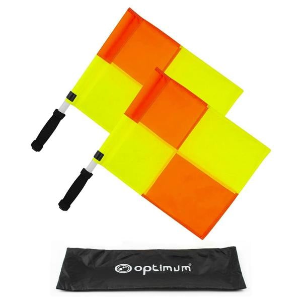 Pair of Optimum linesman flags in orange and yellow chequered design with black handles and carry bag - Optimum