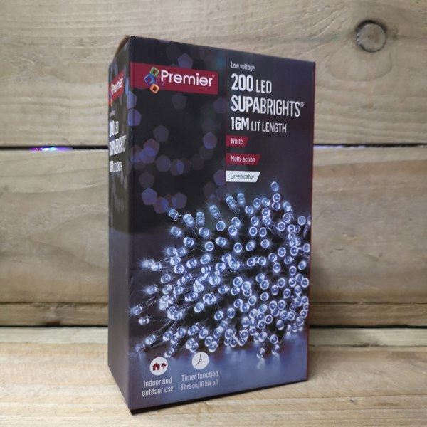Samuel Alexander 200 LED 16m Premier SupaBrights Indoor Outdoor Christmas Multi Function Mains Operated String Lights with Timer in Cool White