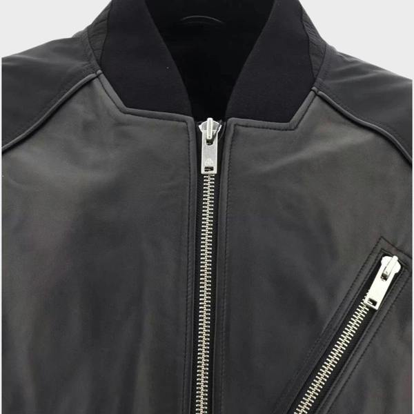 Supplied Fashion Anica black leather bomber jacket with a ribbed collar and silver zippered chest pocket