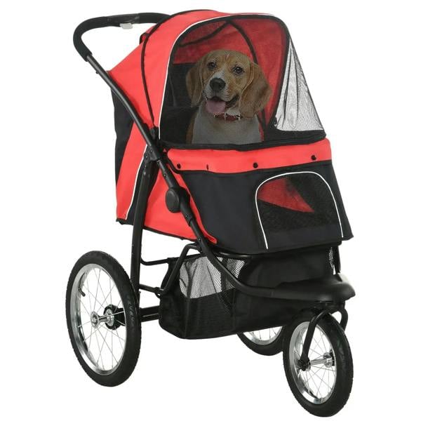 Red and black three-wheel foldable pet stroller with mesh canopy and front wheel