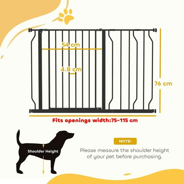 Black pet safety gate shown with height and width measurement diagram