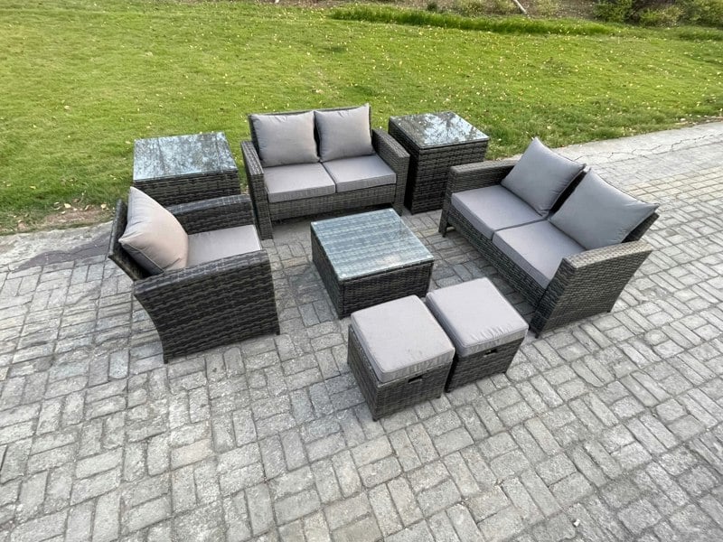 Fimous 7-Seater Rattan Garden Sofa Set - Dark Grey Mixed Outdoor Conservatory Patio Coffee Table Set with Chair & 2 Small Footstools