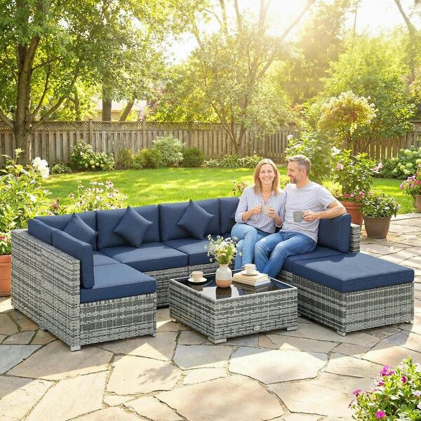 8 Pieces PE Rattan Corner Sofa Set, Outdoor Garden Furniture Set, Patio Wicker Sofa Seater with Cushion, Dark Blue - Blue