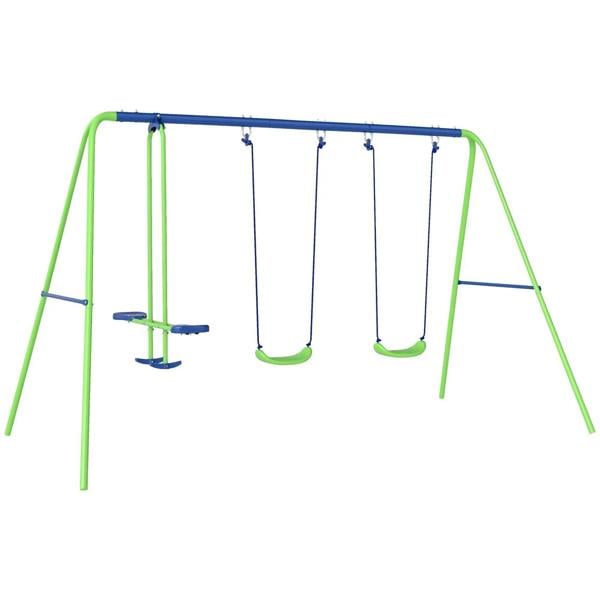 Green metal swing set with two blue rope swings and a central height-adjustable seat