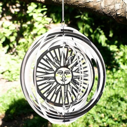 EDH Door Hardware Sun Wind Spinner - Stainless Steel Hanging Garden Décor, Outdoor Metal Art, Solar-Themed Yard Ornament, Kinetic Spinner, Unique Gift