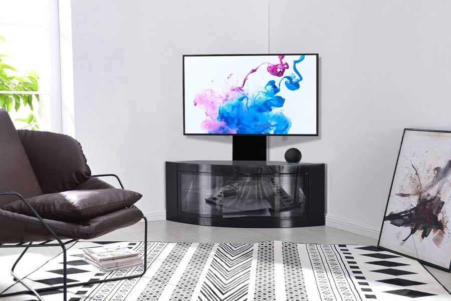Centurion Supports PANGEA Gloss Black Beam-Thru Curved True-Corner 32"-50" TV Cabinet with Mounting Arm