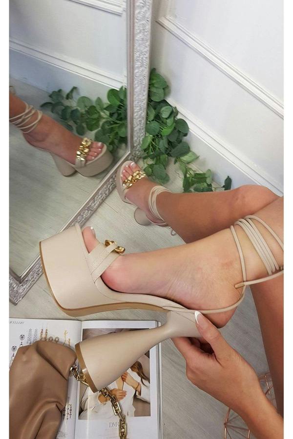 Becky Lace Up High Heels With Chain Detail - Nude