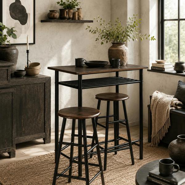Wyld Haus Yoliba Metal And Wooden Black And Oak Breakfast Bar Table And Stool Set With Storage Shelving