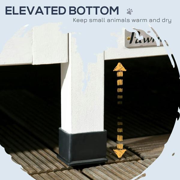 Grey wooden cat house front corner showing elevated base on dark feet