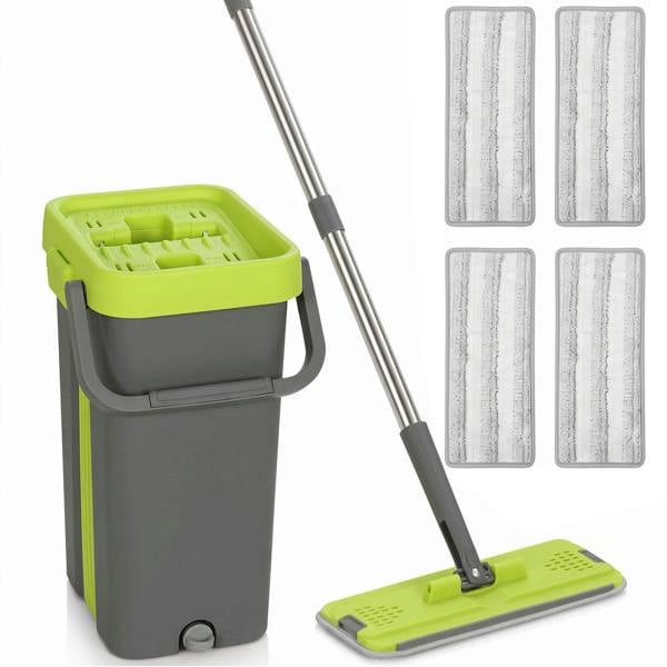 HOMCOM Mop and Bucket Set with 2 Chambers, 5 Microfiber Pads, Dark Grey
