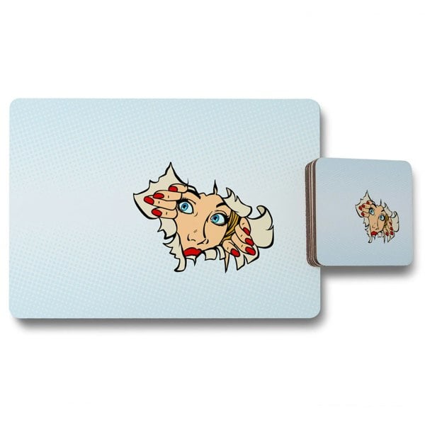 Benjamin Tate Design woman looking through torn paper background. Comic cartoon pop art retro (Placemat & Coaster Set)