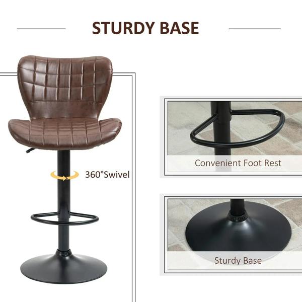 Brown tufted PU leather bar stool with 360° swivel base and built-in footrest ring