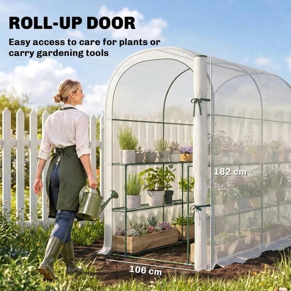Bobobiy Walk-in Greenhouse with Shelves, Small Greenhouse with PE Cover and Roll-up Door, 123 x 187 x 189 cm, White