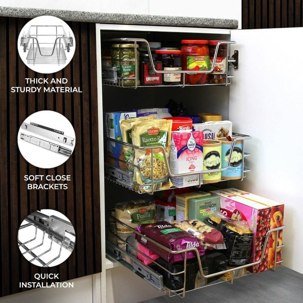 Kukoo 3 x KuKoo Kitchen Pull Out Storage Baskets – 400mm Wide Cabinet