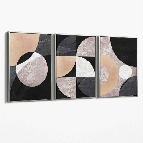 Set of 3 Black and Beige Abstract Canvas Art Prints with Silver Float Frame