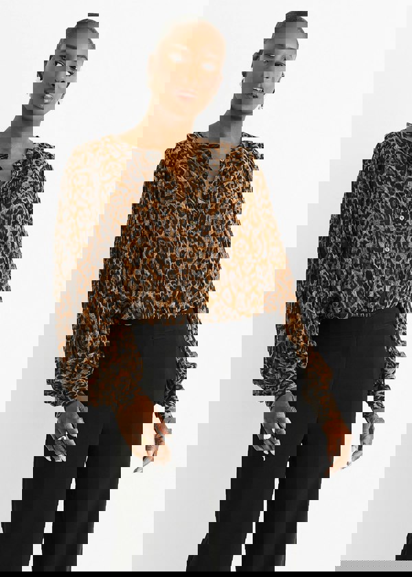 Gini London Brown Chiffon Animal Print Pleated Shift Shirt Blouse