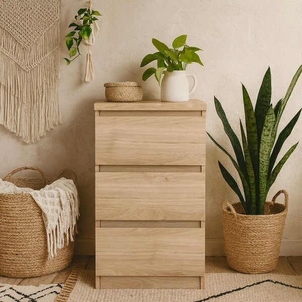 Wyld Haus Budapest Natural Oak Effect Wooden Bedside Table 3 Drawers