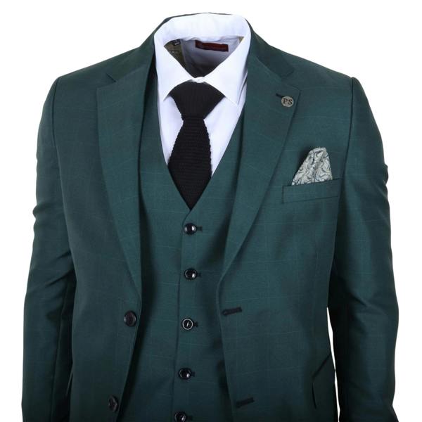 TruClothing IM52 - Men's Green Check 3 Piece Tailored Fit Suit