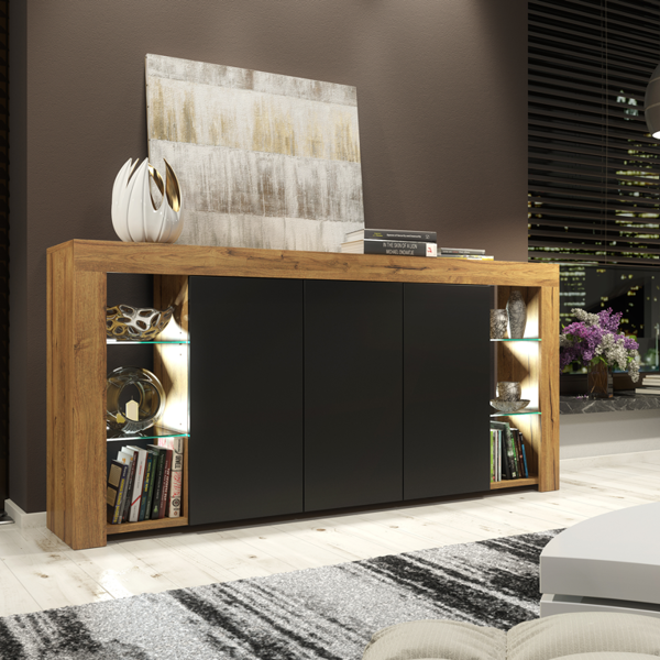 Mex Furniture Exclusive 164cm Sideboard TV Unit Oak Display Cabinet TV Stand Living Room & FREE LED