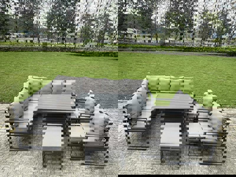 Fimous 11 Seater Aluminium Aluminium Garden Furniture Set with Adjustable Rising Dining Table, Corner Sofa, 3 Footstools, 2 Chairs - Grey