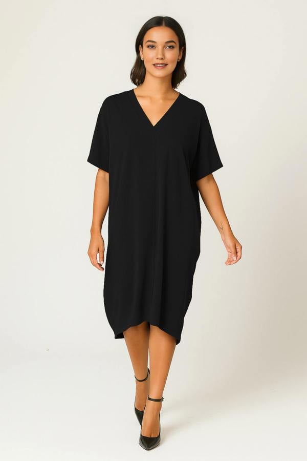Hoxton Gal Relaxed Fit V-Neck Batwing Sleeve Midi Dress Kaftan Style in Black