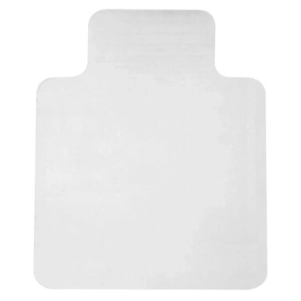 Clear office chair mat with rounded corners, smooth protective surface on carpeted floor