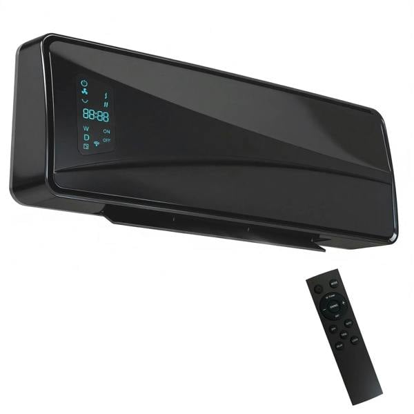 Black wall-mounted ceramic heater with fan, digital display, and remote