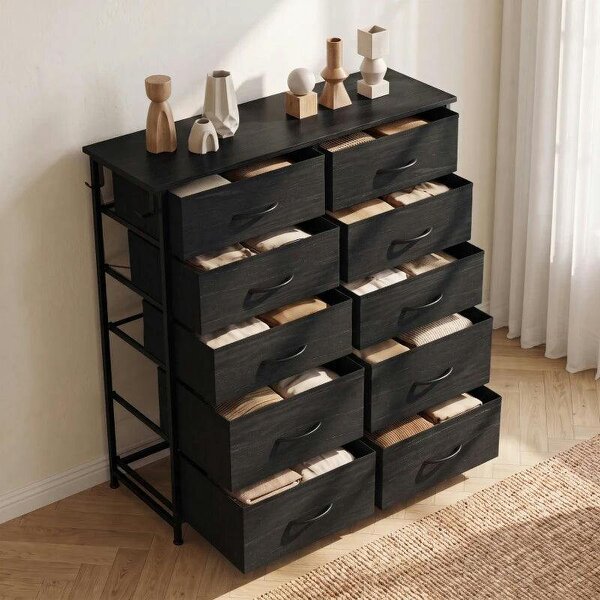 Chest of Drawers, Dresser with 10 Fabric Drawers, Tall Storage Unit with 4 Pockets and 2 Hooks Steel Frame, Black
