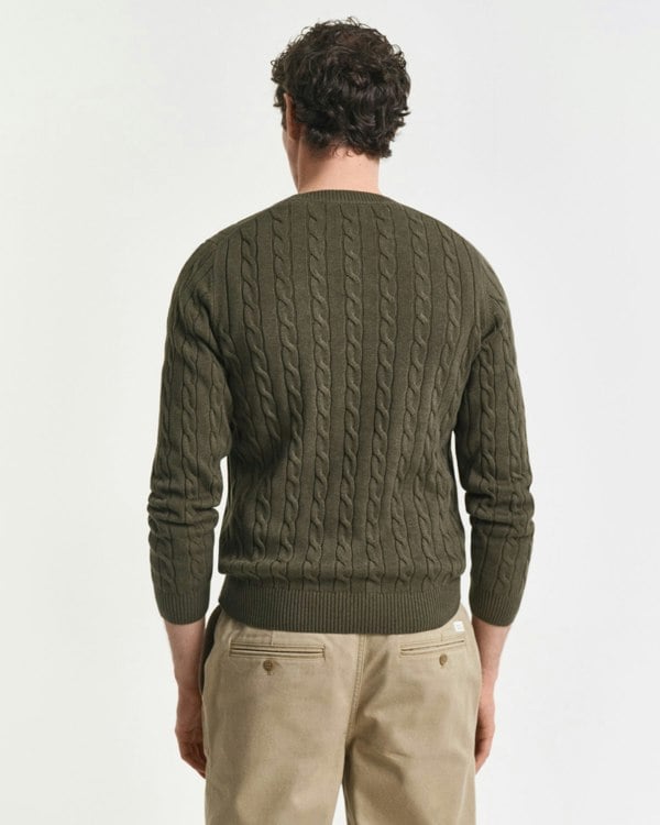 GANT Mens Cotton Cable Knit Crew Neck Jumper - 384 Khaki Green Mel - CHO - Designer Mens Crew Neck Jumpers