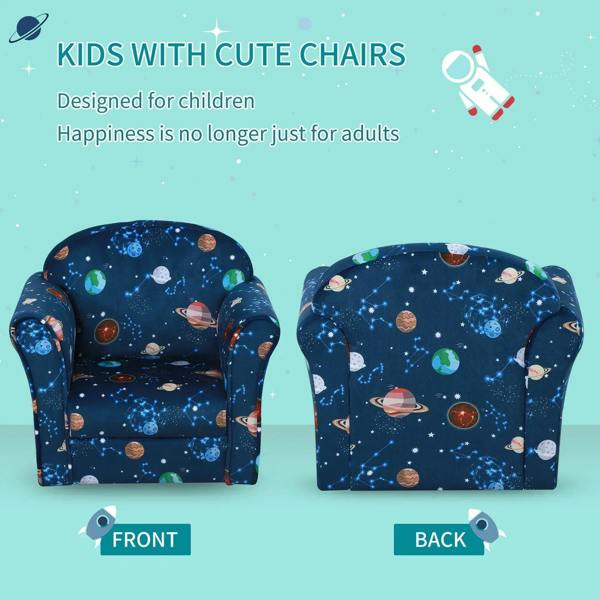 Pair of blue space-themed kids armchairs showing front and back views