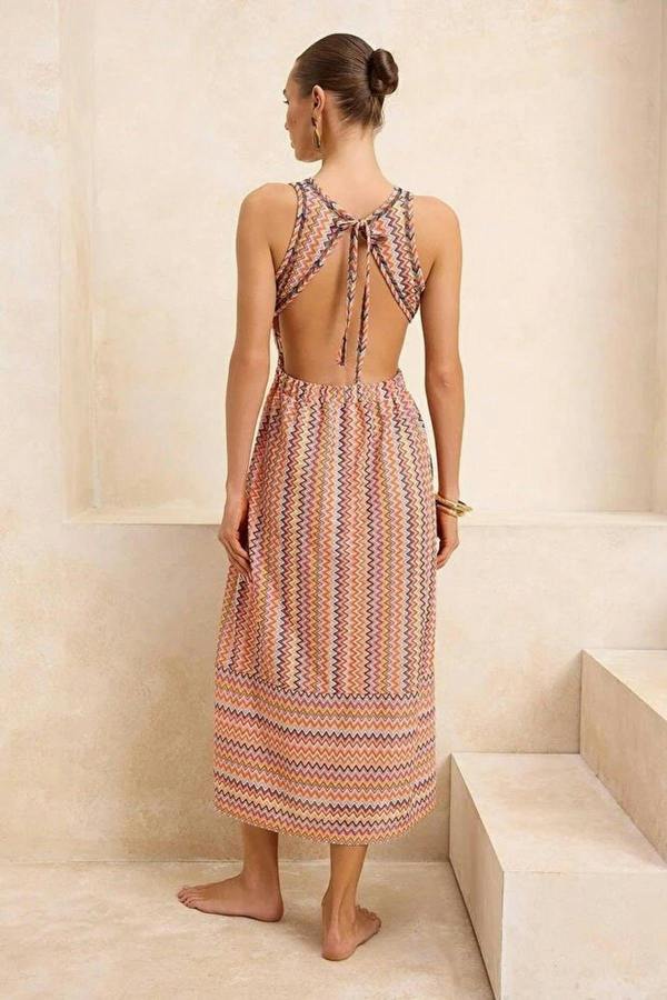 WOVCOR Geometric Patterned Knitted Maxi Backless Beach Dress