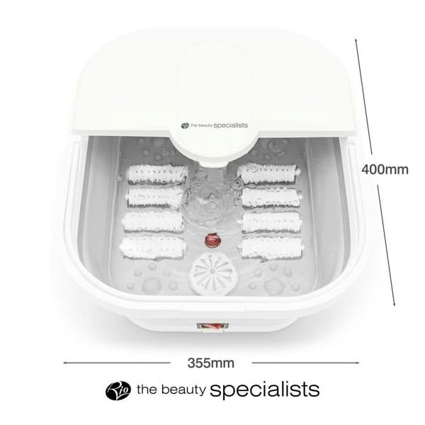 A top-down view of the Foldaway Foot Spa Bath with its dimensions labeled. The foot spa measures 365mm in length and 325mm in width. The image showcases the internal layout with reflexology rollers and a central jet system. This foot spa machine combines hydro-jet bubbles and massage rollers to offer a relaxing foot massage spa experience. Its compact design makes it one of the best foot spas for home use, providing both convenience and comfort.