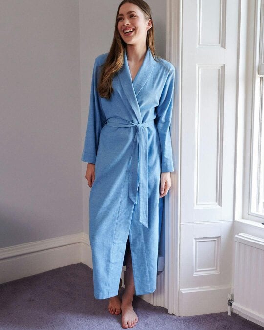 British Boxers Women's Brushed Cotton Dressing Gown – Sky Blue Herringbone