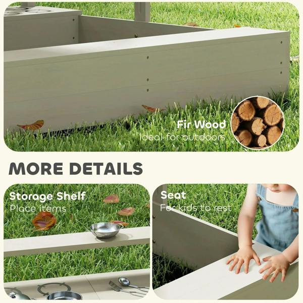 Kids wooden sandbox with storage shelf, seat opening, and side play area