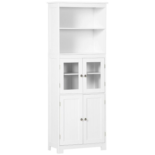 Wyld Haus Doke Wooden White 4 Door Kitchen Cupboard With Glass Panels And Adjustable Shelves
