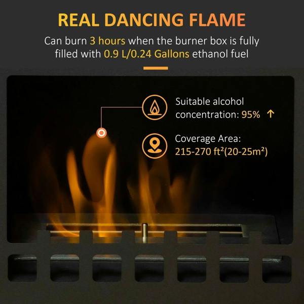 Black ethanol fireplace burner chamber with metal grate and front vented openings