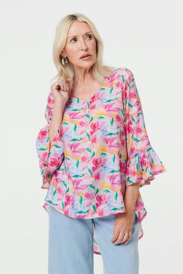 Pink | Floral Relaxed 3/4 Flare Sleeve Blouse