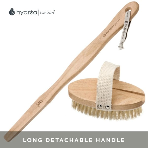 Hydréa London Durable Body Brush with Water-Protective Plastic Plate - Natural Bristle & Long Detachable Handle, FSC® Certified Beechwood