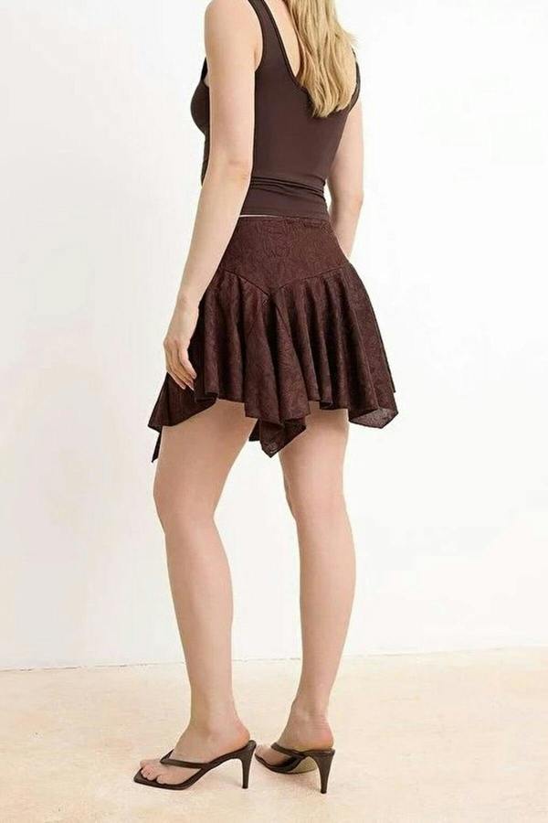 WOVCOR Floral Asymmetrical Ruffled Regular Waist Mini Jacquard Knit Skirt