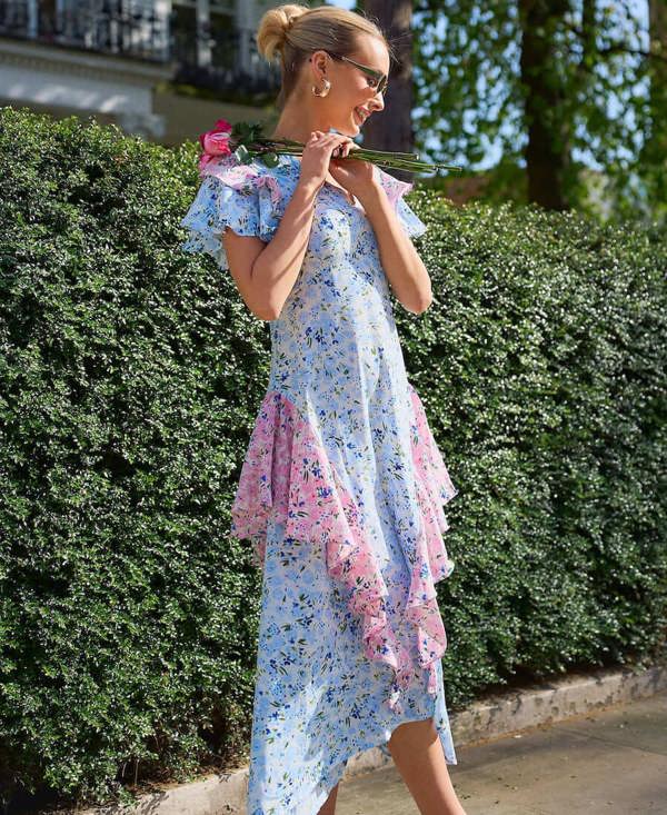 Needs No Label Blue Ditsy Floral Ruffle Mix and Match Midi Dress