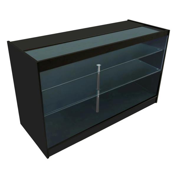 Hera LED Shop Counter Set in black, featuring sleek glass shelves, modern design, and illuminated top for enhanced display visibility