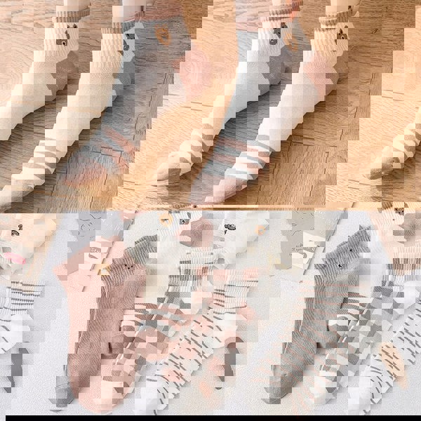 Anysox Anyfootwear 5 Pairs Size 5-9 Fashion Socks Four Seasons Bear Cartoon Striped Checkered Solid Colors Comfortable Casual Ankle Socks for Women