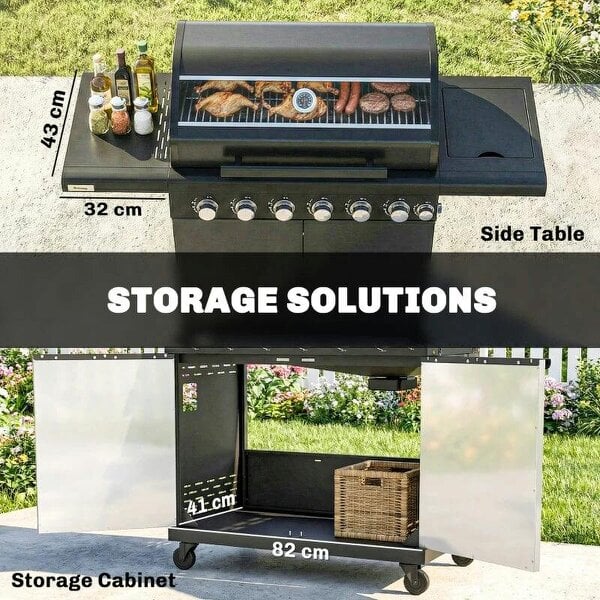 Bobobiy 6+1 Burner Gas BBQ Grill, Outdoor Barbecue Trolley with Wheels, Warming Rack, Thermometer, Bottle Opener, Black