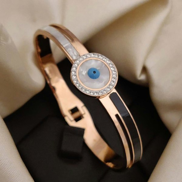 The Colourful Aura Large Evil Eye Round White Enamel 18ct Plated Gold Zircon Open Bangle