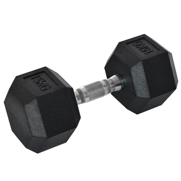 Black rubber hex dumbbell with knurled steel grip and central chrome connector.